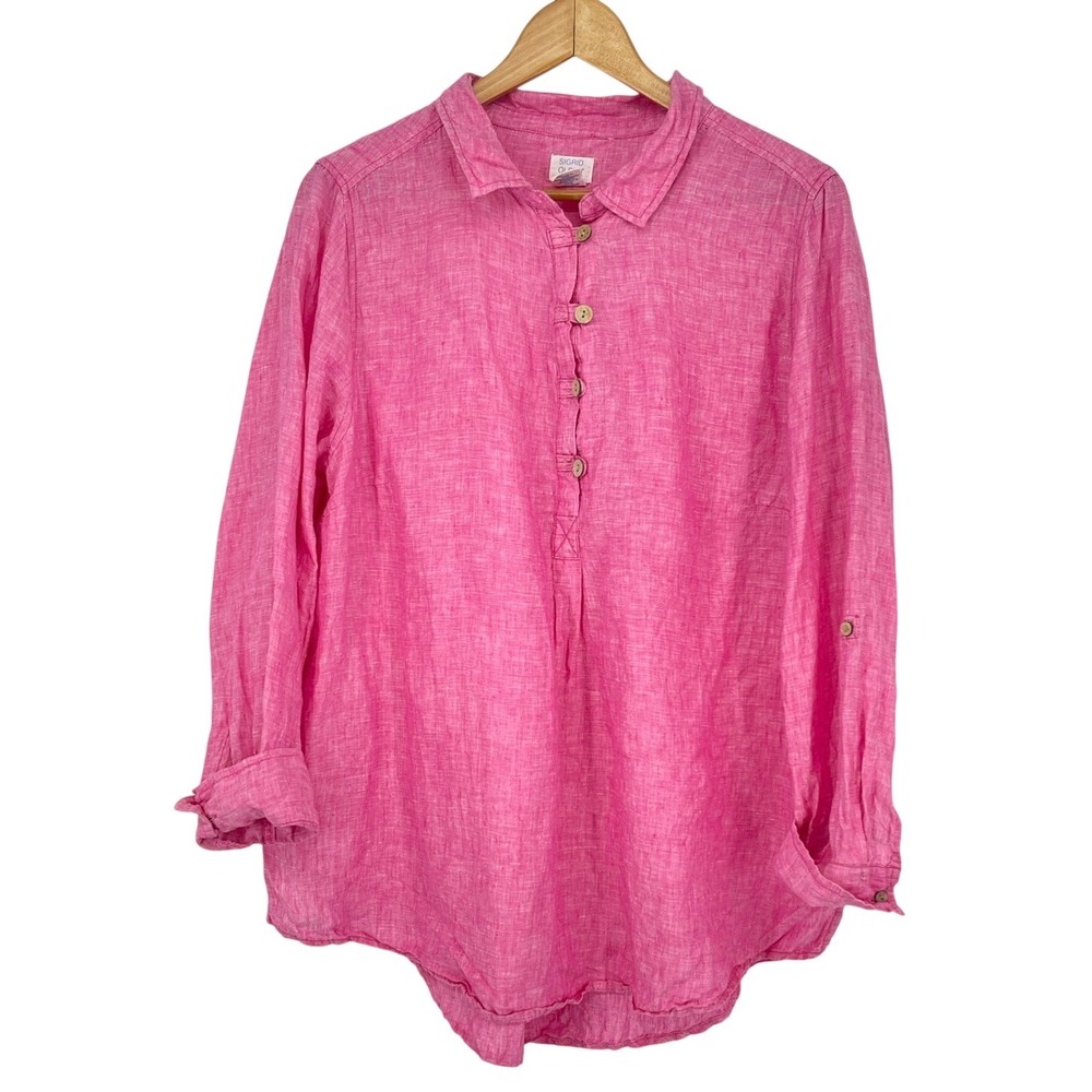 Sigrid Olsen Shirt Top Blouse Button Up‎ Pink 100% Linen Roll Tab Sleeve Size 1X
